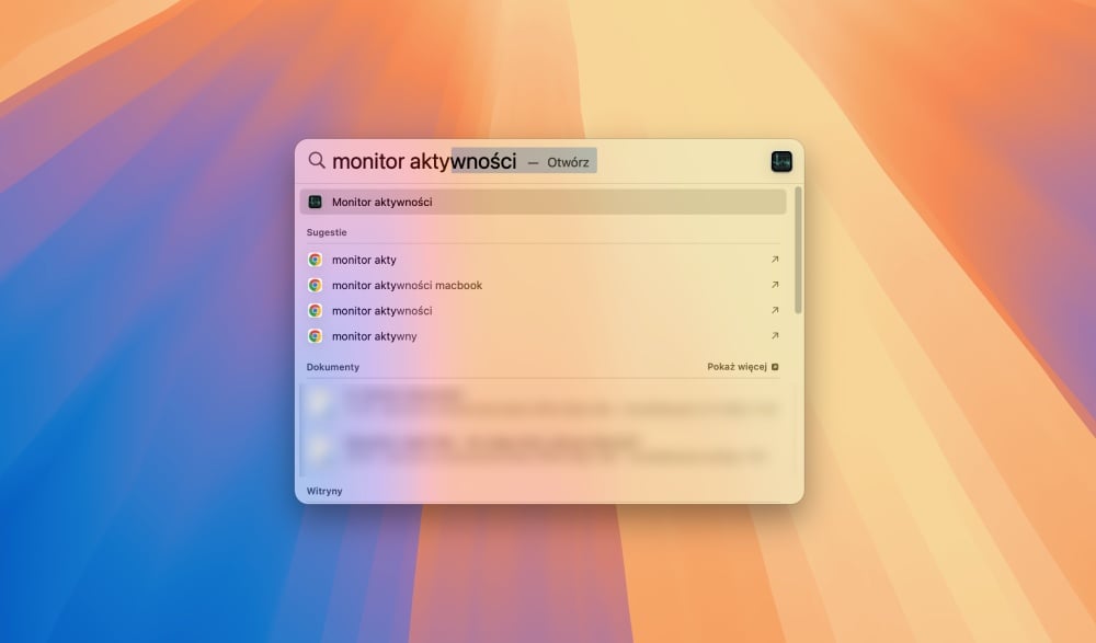 Otwarcie Menedżera zadań Mac za pomocą Spotlight