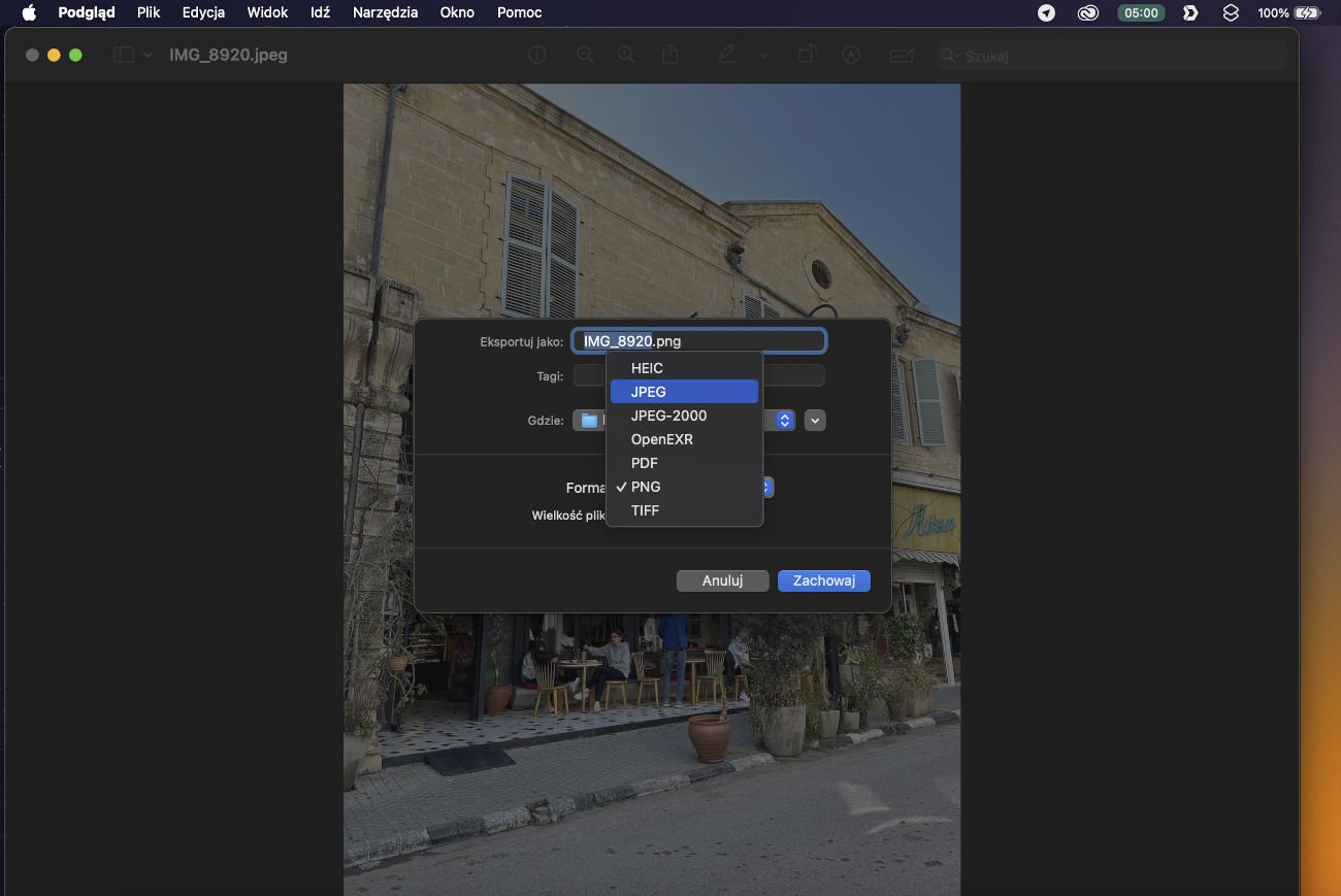 Mac - Aplikacja Podgląd - przekonwertowanie pliku HEIC na JPG
