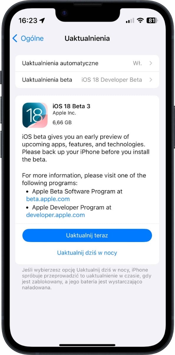 iPhone - aktualizacja telefonu do wersji beta iOS
