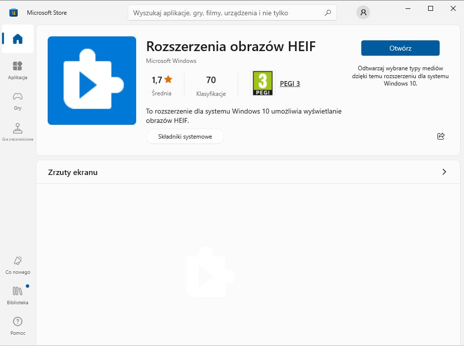 Windows - wtyczka rozszerzenia obrazów HEIF