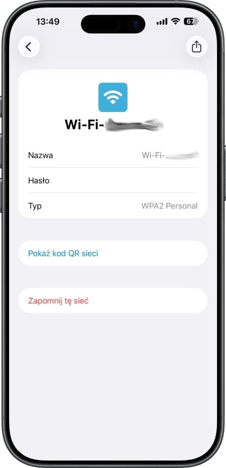 iOS aplikacja Hasła udostępnianie kodu QR z dostępami do sieci Wi-Fi