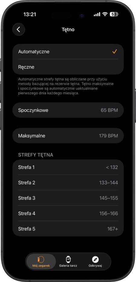 iOS - ustawienia strefy tętna