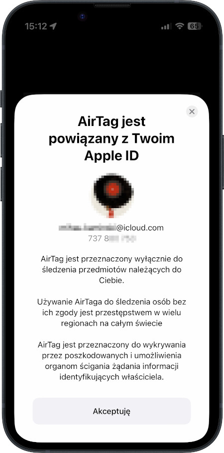 iPhone - AirTag jest powiązany z Twoim Apple ID
