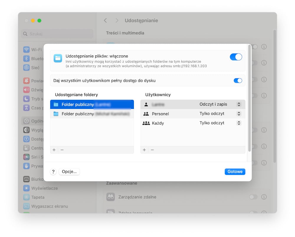 Mac - ustawienia udostępniania dla grup użytkowników