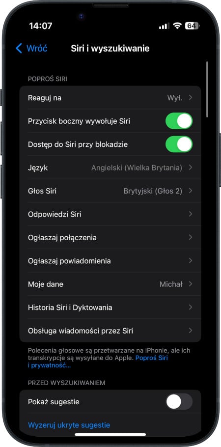 iPhone - ustawienia Siri