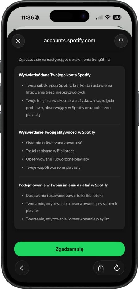iOS - Apple Music - Spotify zgoda na połączenie