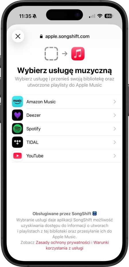 iOS - Apple Music - wybór serwisu do przenoszenia