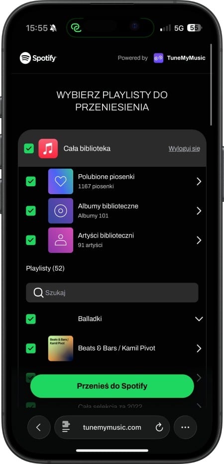 Wybranie playlisty do przeniesienie między Apple Music a Spotify