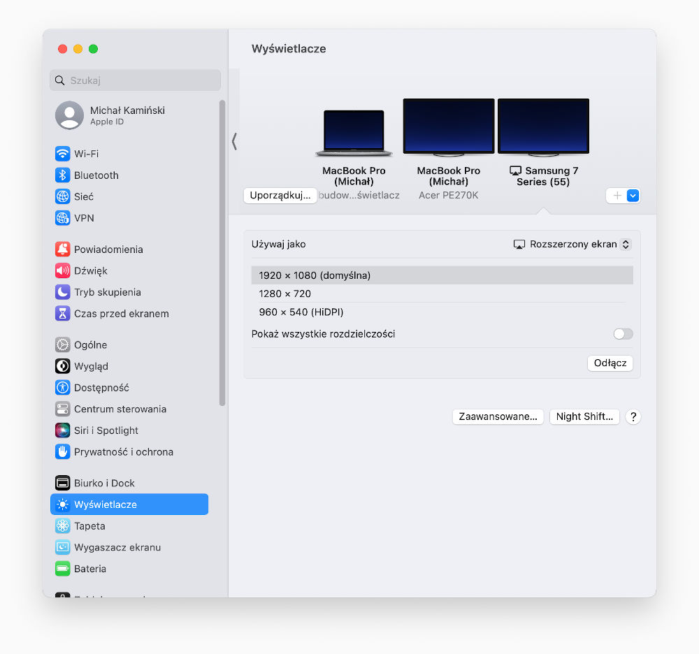 MacBook - AirPlay - ustawienie rozdzielczości
