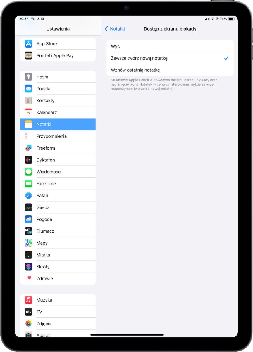 iPad - notatki na zablokowanym ekranie
