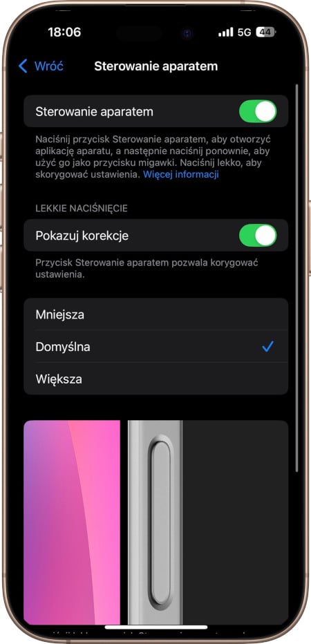 Sterowanie aparatem iPhone - wyłączenie gestu lekkiego naciśnięcia