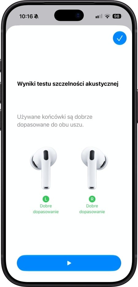 Wyniki testu szczelności akustycznej w AirPods Pro 3