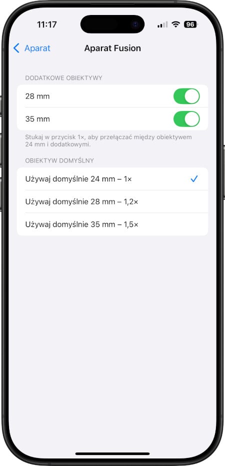 iPhone 16 Pro - ustawienia Aparatu Fusion