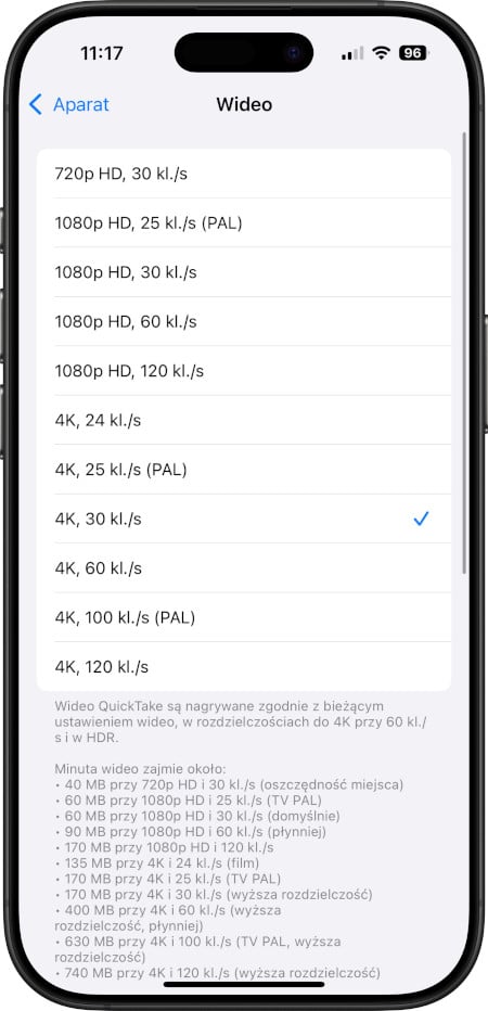 iPhone 16 Pro - ustawienia Wideo