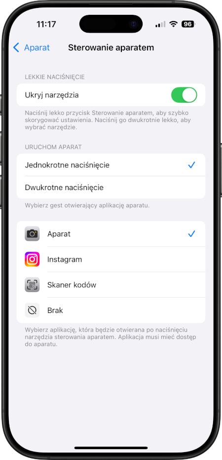 iPhone 16 Pro - konfiguracja Sterowanie aparatem