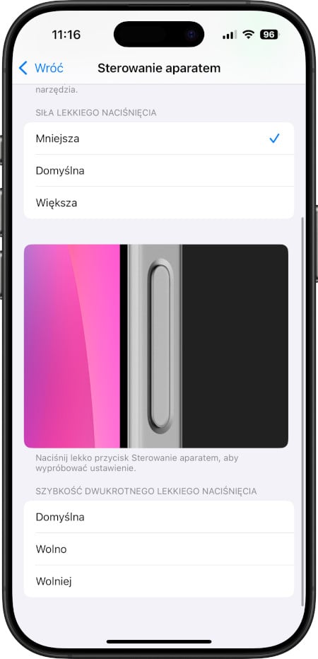 iPhone 16 Pro - konfiguracja Sterowanie aparatem