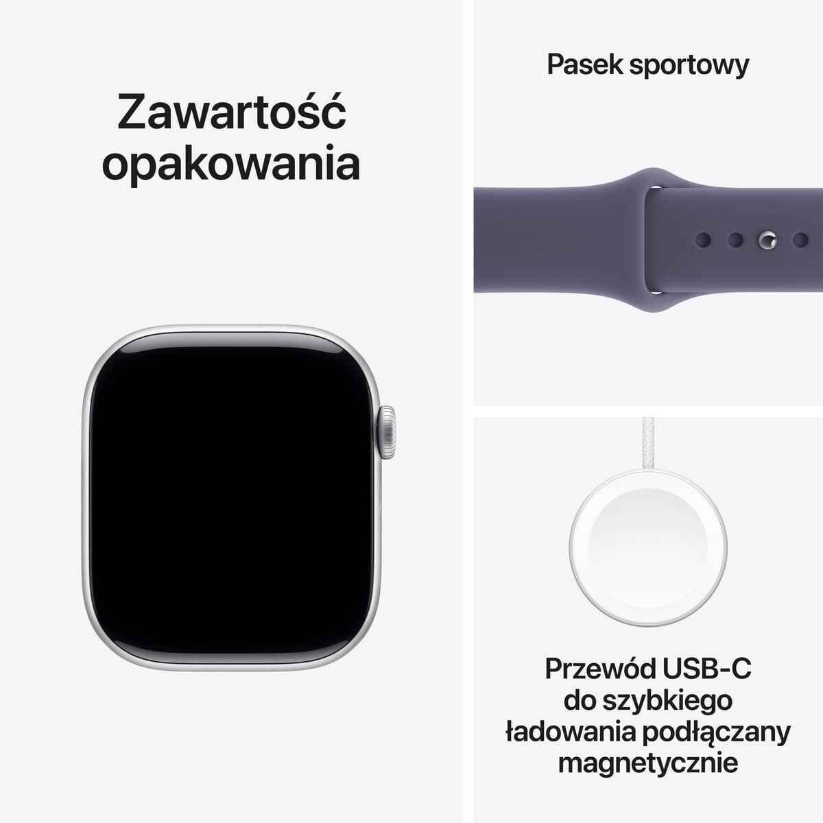 Zawartość zestawu Wygląd Apple Watch Series 11 GPS Koperta 46mm z Aluminium w kolorze Srebrnym z Paskiem sportowym w kolorze Mlecznego fioletu - S/M Zawartość zestawu Apple Watch Series 11 GPS Koperta 46mm z Aluminium w kolorze Srebrnym z Paskiem sportowym w kolorze Mlecznego fioletu - S/M