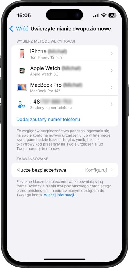 iPhone - włączenie weryfikacji dwupoziomowej