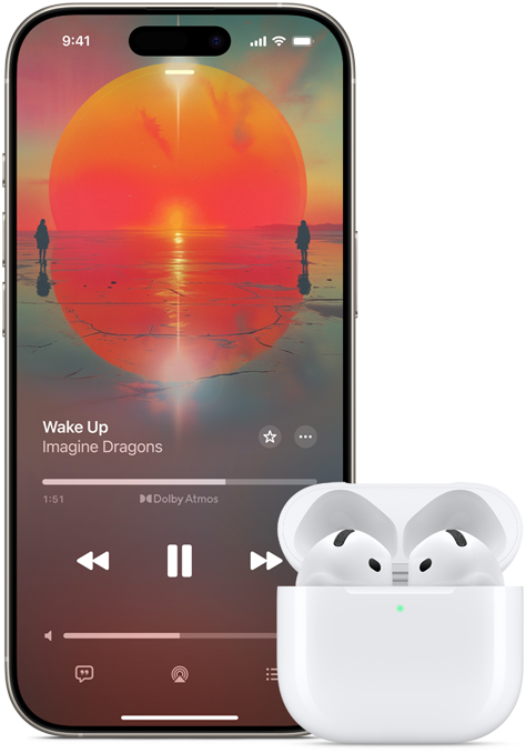 iPhone obok AirPods Pro w otwartym etui ładującym