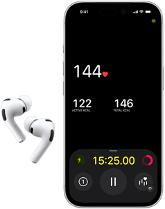 AirPods Pro 3, dolna połowa ekranu iPhone'a 17 Pro, apka Fitness z widocznym pomiarem tętna