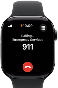Apple Watch Series 11 z kopertą z aluminium w kolorze onyksu, z paskiem sportowym w kolorze czarnym, na wyświetlaczu widać połączenie z numerem alarmowym, prawa strona obudowy: pokrętło Digital Crown