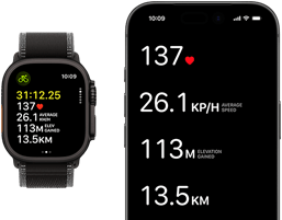Parametry trwającego treningu wyświetlone na Apple Watch Ultra 3 i iPhonie