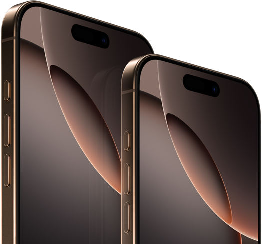 iPhone 16 Pro Max 6,9 cala i iPhone 16 Pro 6,3 cala, widok z przodu, przycisk czynności, przyciski głośności, Dynamic Island pośrodku górnej części ekranu