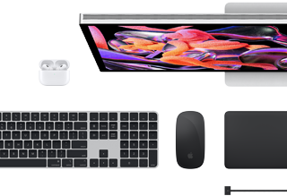 Akcesoria do Maca: AirPods, Studio Display, Magic Keyboard, Magic Mouse, Magic Trackpad, przewód ładujący MagSafe w kolorze gwiezdnej czerni