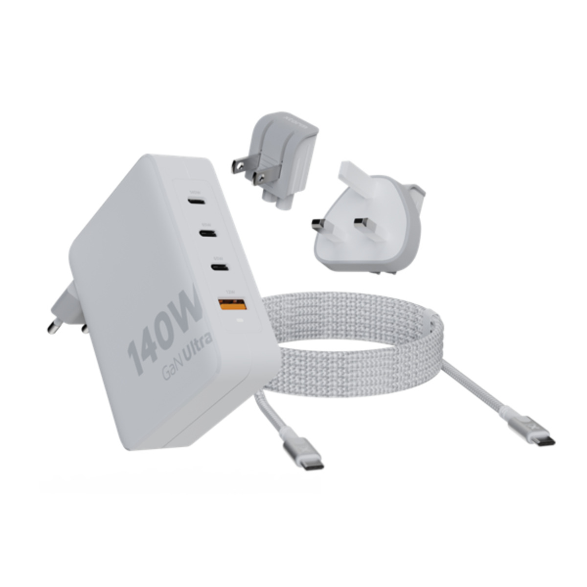 Xtorm GaN Ultra Ładowarka turystyczna 140W wtyczki EU/US/UK + kabel USB-C PD - Biała Xtorm GaN Ultra Ładowarka turystyczna 140W wtyczki EU/US/UK + kabel USB-C PD - Biała