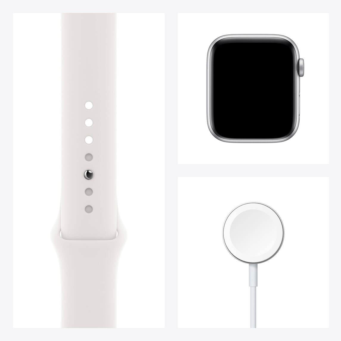 Apple Watch SE 44 mm GPS Aluminium w kolorze srebrnym z paskiem sportowym w kolorze białym - zestaw