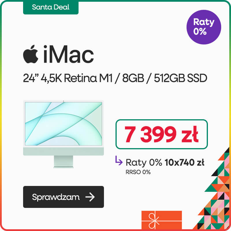        Apple iMac 24" 4,5K Retina M1 8-core CPU + 8-core GPU / 8GB / 512GB SSD / Gigabit Ethernet / Zielony (Green) - 2021